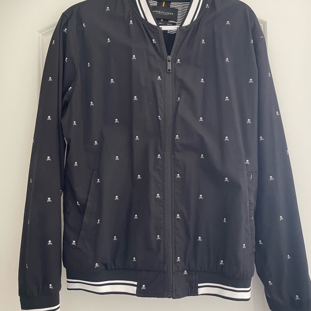 Denim & Flower Black Bomber Jacket with skull stitch accents